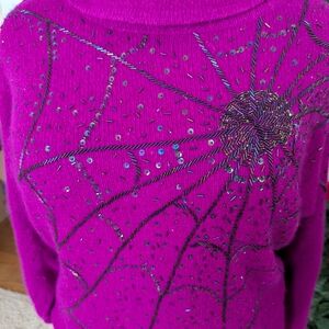 Vtg Magenta Long Turtleneck Sweater with Beaded Web Design